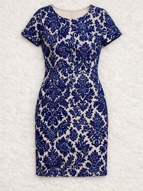 PinkBlush Blue Velvet Damask Dress – Women’s Size S | Elegant Velvet Midi Style